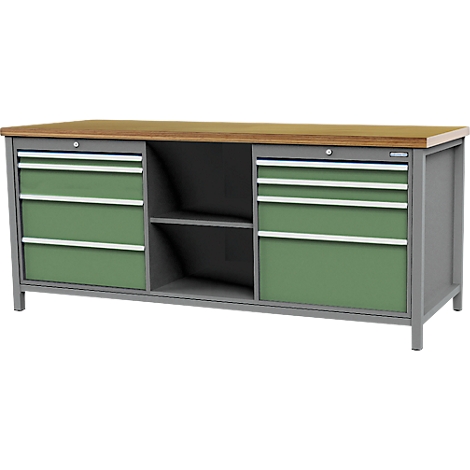 Établi, gris avec tiroirs verts, plan de travail en bois.