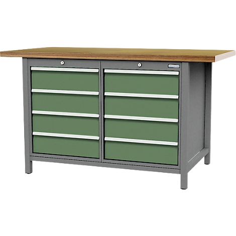 Établi avec plateau en bois, pieds gris et tiroirs verts. Les tiroirs ont des poignées argentées.