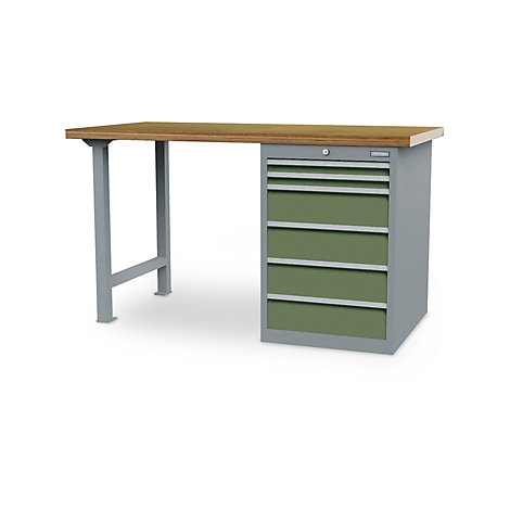 Établi avec pieds gris, dessus en bois et tiroirs verts.