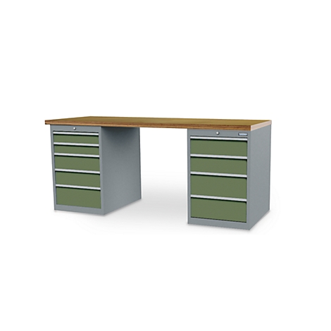 Établi avec plateau en bois, panneaux latéraux gris et tiroirs verts.