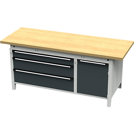 Établi avec plateau en bois, trois tiroirs et une armoire.