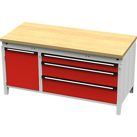Établi avec plateau en bois, tiroirs et porte d'armoire rouges, cadre gris.