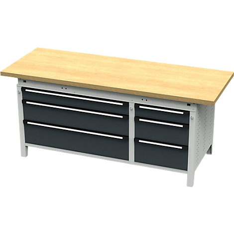 Établi avec plateau en bois et tiroirs. Cadre gris, tiroirs gris foncé avec poignées argentées.