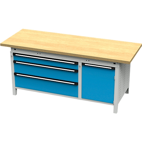 Établi avec plateau en bois, tiroirs bleus et porte de placard. Cadre gris, sur fond blanc.