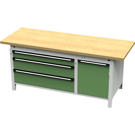 Établi avec tiroirs verts et un plateau en bois clair.