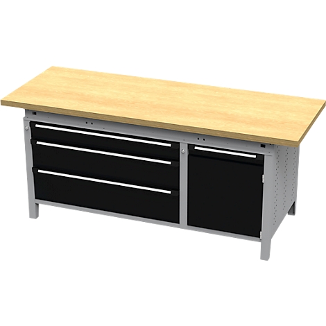 Établi avec plateau en bois clair, trois tiroirs et une porte en noir, et cadre en métal gris.