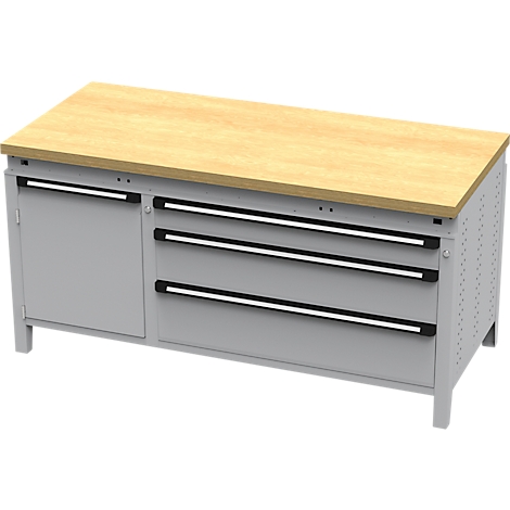 Établi avec plateau en bois et tiroirs et armoire gris.