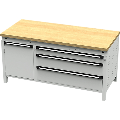 Établi en métal avec plateau en bois, tiroirs et armoire.