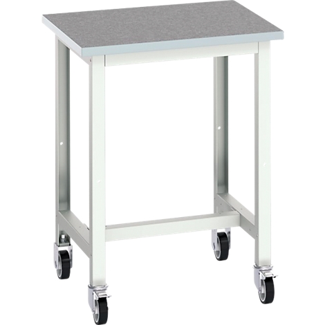 Une petite table blanche à roulettes. Le plateau est gris et rectangulaire.