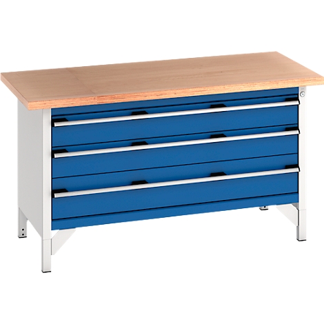 Établi avec plateau en bois, tiroirs bleus et cadre blanc.