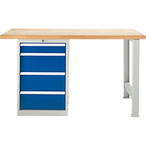 Établi avec élément de tiroir bleu et dessus en bois.