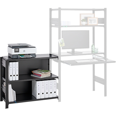 Meuble de bureau noir avec imprimante et dossiers. Un bureau est suggéré en arrière-plan.