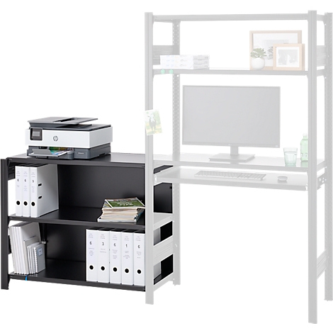 Étagère noire avec imprimante, dossiers et papiers. Le reste d'un bureau est indiqué en pointillé.