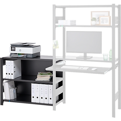 Meuble de bureau noir, à gauche une étagère avec des classeurs et une imprimante sur le dessus, à droite une partie de bureau claire.