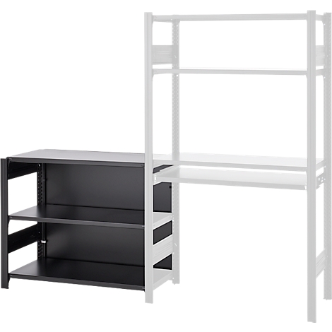 Étagère noire avec trois étagères et une structure de bureau blanche en arrière-plan.