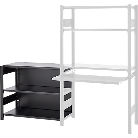 Étagère noire à trois niveaux. À droite, un cadre blanc avec plateau et étagères.