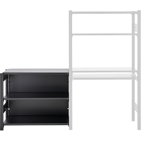 Une étagère noire à trois niveaux. À droite, un support d'étagère blanc.