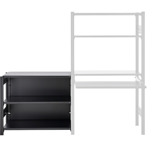 Étagère noire avec deux étagères. En arrière-plan, une étagère blanche.