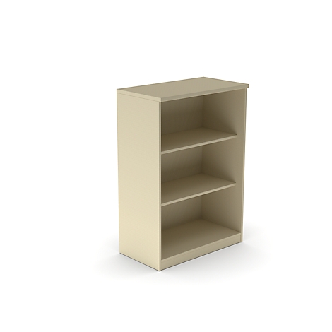Bibliothèque beige à trois compartiments, isolée sur fond blanc.