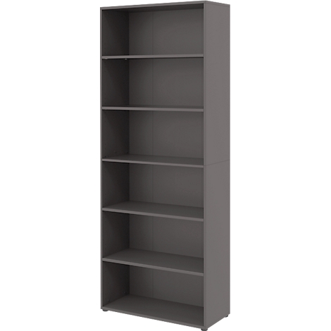 Bibliothèque grise avec six étagères, sur fond blanc.