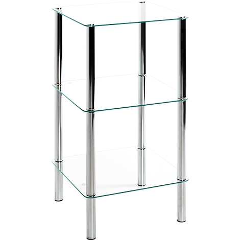 Étagère en verre avec trois étagères et supports argentés.