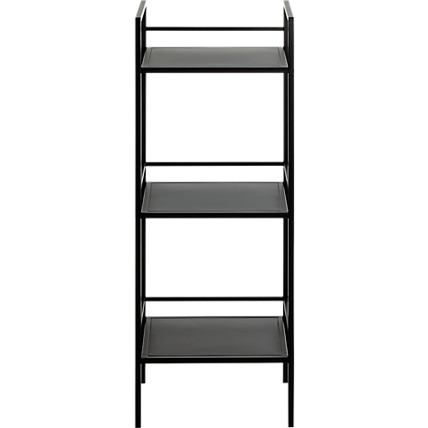 Étagère noire avec quatre étagères et un cadre en métal.