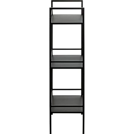 Étagère noire avec quatre étagères ouvertes. Cadre métallique, design simple.