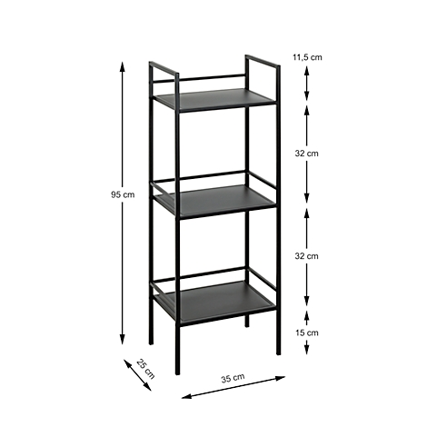 Étagère noire avec trois étagères et dimensions.