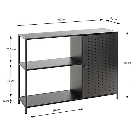 Étagère noire avec deux compartiments ouverts et un compartiment armoire. L'étagère est dimensionnée.