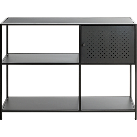 Étagère en métal noir avec trois étagères et une porte perforée.