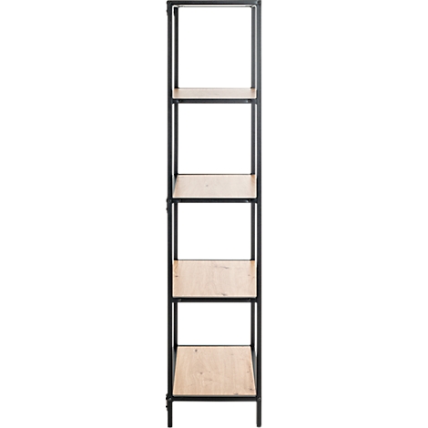 Étagère étroite avec cadre en métal et étagères en bois clair. L'étagère a 5 étagères.