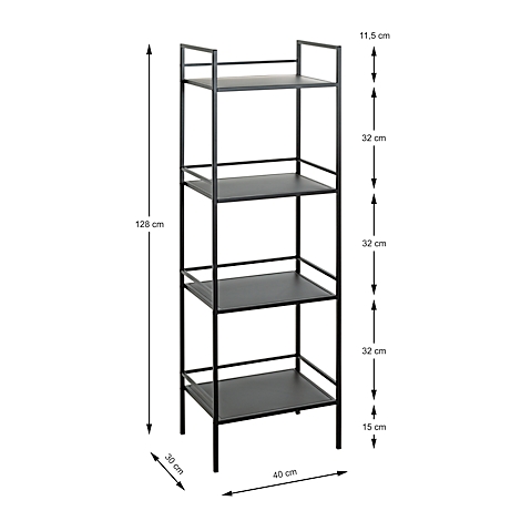 Étagère en métal noir avec 4 niveaux, dimensions en cm. Hauteur 128 cm, largeur 40 cm, profondeur 30 cm.