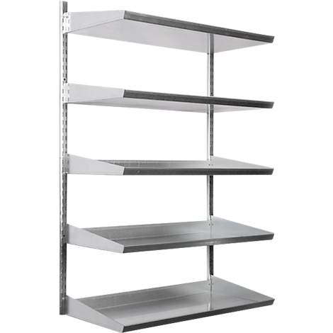 Étagère métallique à quatre étagères, fixée au mur.