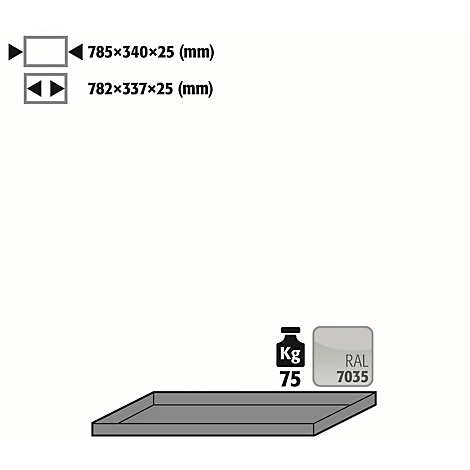 Plateau gris avec dimensions, poids et code couleur RAL 7035.