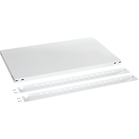 Étagère blanche avec deux supports et des vis. L'étagère est un rectangle et repose légèrement au-dessus des supports.