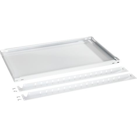 Étagère et supports en métal blanc. L'étagère est au-dessus, deux supports en dessous.