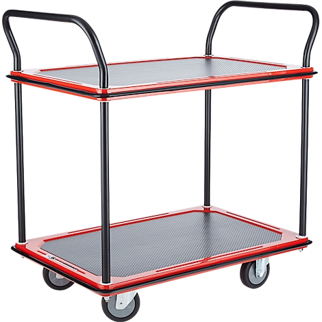 Een rode transportwagen met twee zwarte handgrepen, twee niveaus en vier wielen.