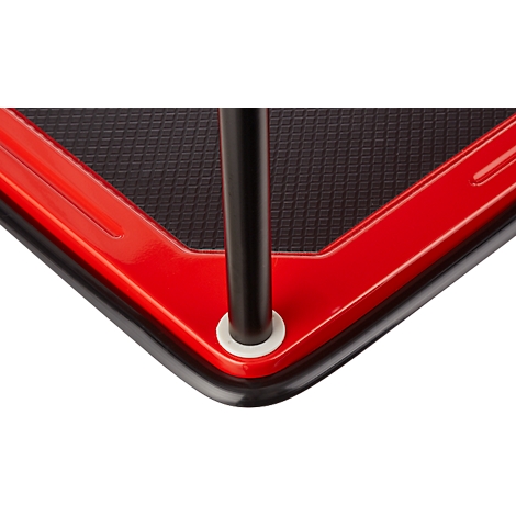 Detailopname: Rood, hoekig frame, zwart oppervlak met zwarte steunbuis, witte ring.