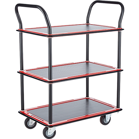 Drie-laags serveerwagen met zwart frame en rood omrande planken. Zwarte handvatten en wielen.