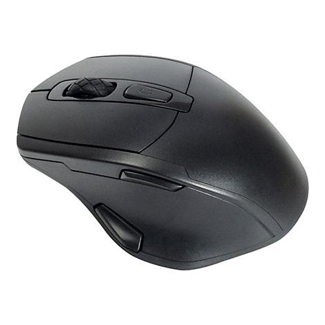 Schwarze Computermaus mit Scrollrad, zwei Tasten und ergonomischem Design.