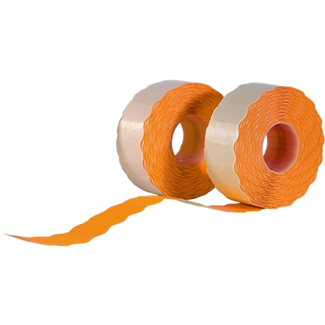 Zwei Rollen mit orangefarbenen, gewellten Etiketten auf einem weissen Hintergrund.