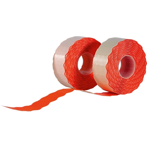 Zwei Rollen wellenförmiges, leuchtend oranges Absperrband auf weissem Hintergrund.