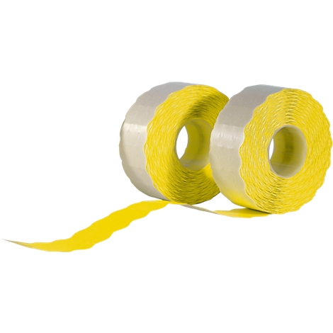 Zwei Rollen gelbe, wellenförmige Klebeetiketten vor weissem Hintergrund.