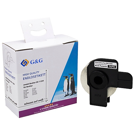 Productverpakking en labelrol. Op de verpakking staat "G&G High Quality Endlosetikett" met pinguïns en sterren.