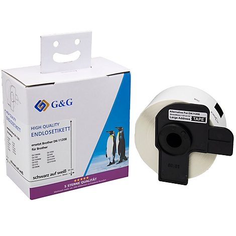 Etiketrol en doos met pinguïnillustratie. Opdrukken: G&G, eindeloos label, zwart op wit.