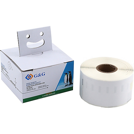 Een doos met etiketten en een rol etiketten. De doos heeft een vriendelijk gezicht uitgesneden.