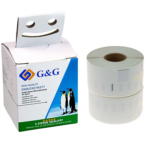 Witte etikettenrol en kartonnen doos met pinguïns, "G&G" logo en tekst.