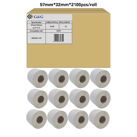 Bruine doos met 12 rollen etiketten. Op de doos staat een etiket met productinformatie.
