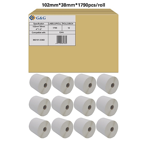 Karton met etikettenrollen en 12 rollen etiketten eronder.