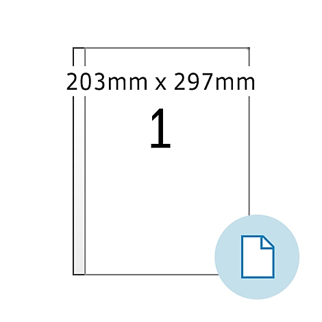 Een wit blad met de afmetingen 203 mm x 297 mm, met het nummer 1 in zwart en een blauw documentsymbool.